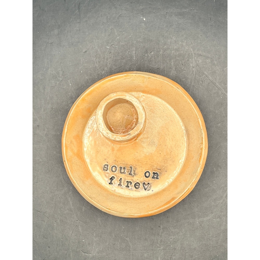 Handmade Art Pottery Taper Candle Holder 'Soul On Fire' Art Signed Emily 2024 4"